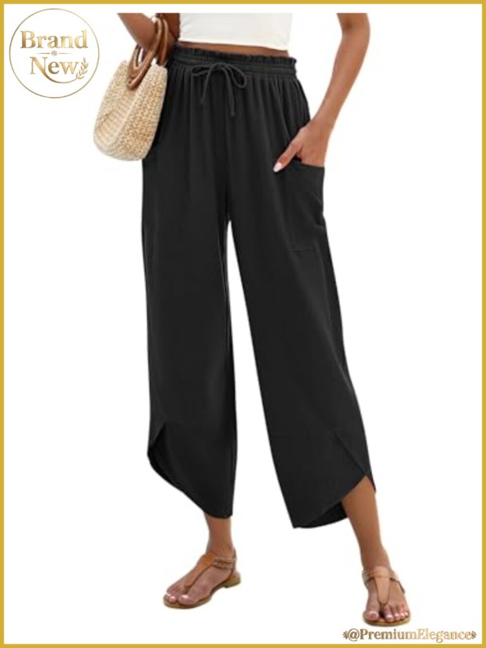 Boho Wide Leg Linen Capri Palazzo Pants with Pockets